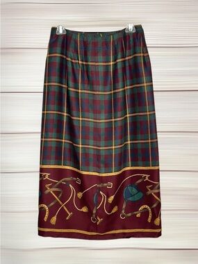 Vintage Charter Club  Plaid Midi Skirt with Equestrian Border - Burgundy Green